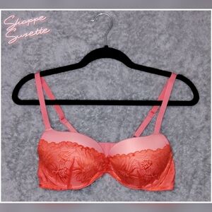 Adore Me NWT Cyla Coral Pink Push-Up Plunge Red Lace Overlay Bra 36C